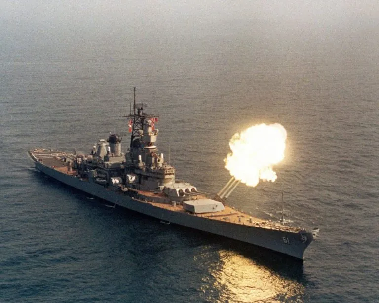 The battleship USS Iowa (BB-61) anchored off of the New York Navy Yard in early April of 1943.