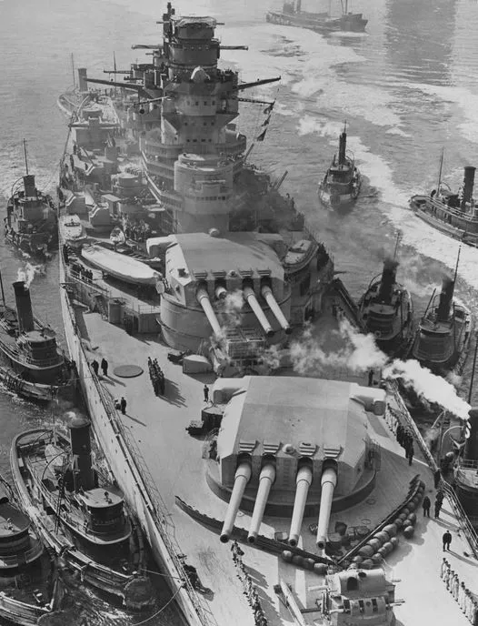 French Battleship Richelieu Navigates East River for Repairs at Brooklyn Navy Yard, February 1943