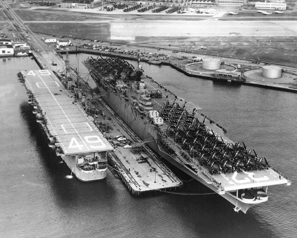 Historic Naval Giants: The USS Leyte (CV-32) and USS Wright (CVL-49) Docked at Quonset Point, 1950