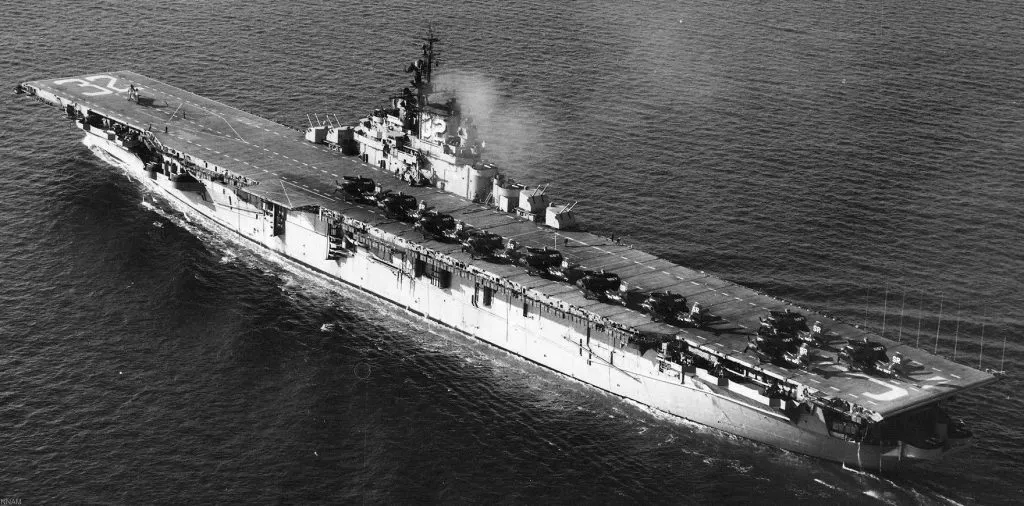 Historic Naval Giants: The USS Leyte (CV-32) and USS Wright (CVL-49) Docked at Quonset Point, 1950