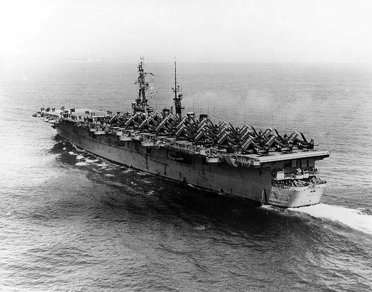 Historic Naval Giants: The USS Leyte (CV-32) and USS Wright (CVL-49) Docked at Quonset Point, 1950