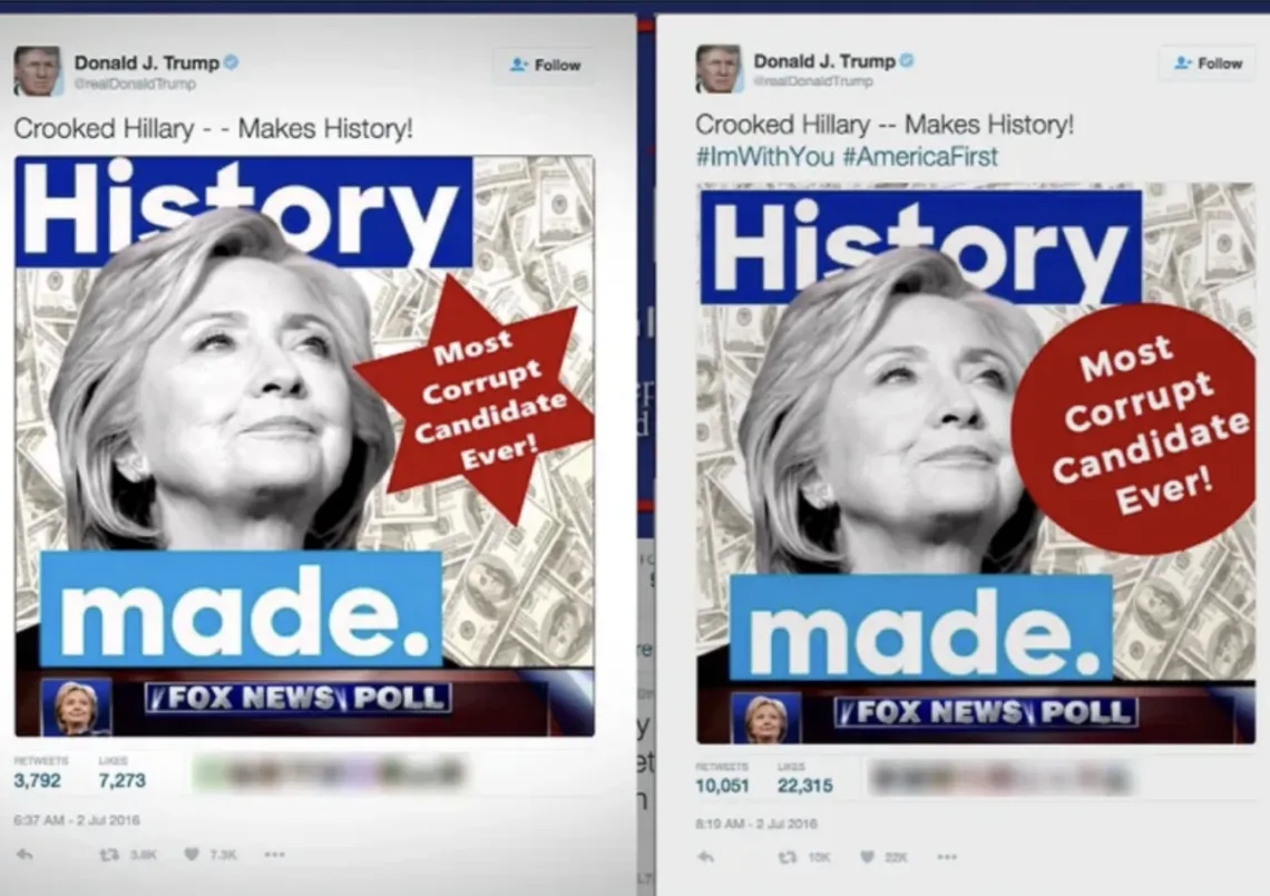 Trump's July 2016 tweet criticizing then-candidate Hillary Clinton. His posted image featured a six-pointed star, a pile of cash and the words “most corrupt candidate ever.”