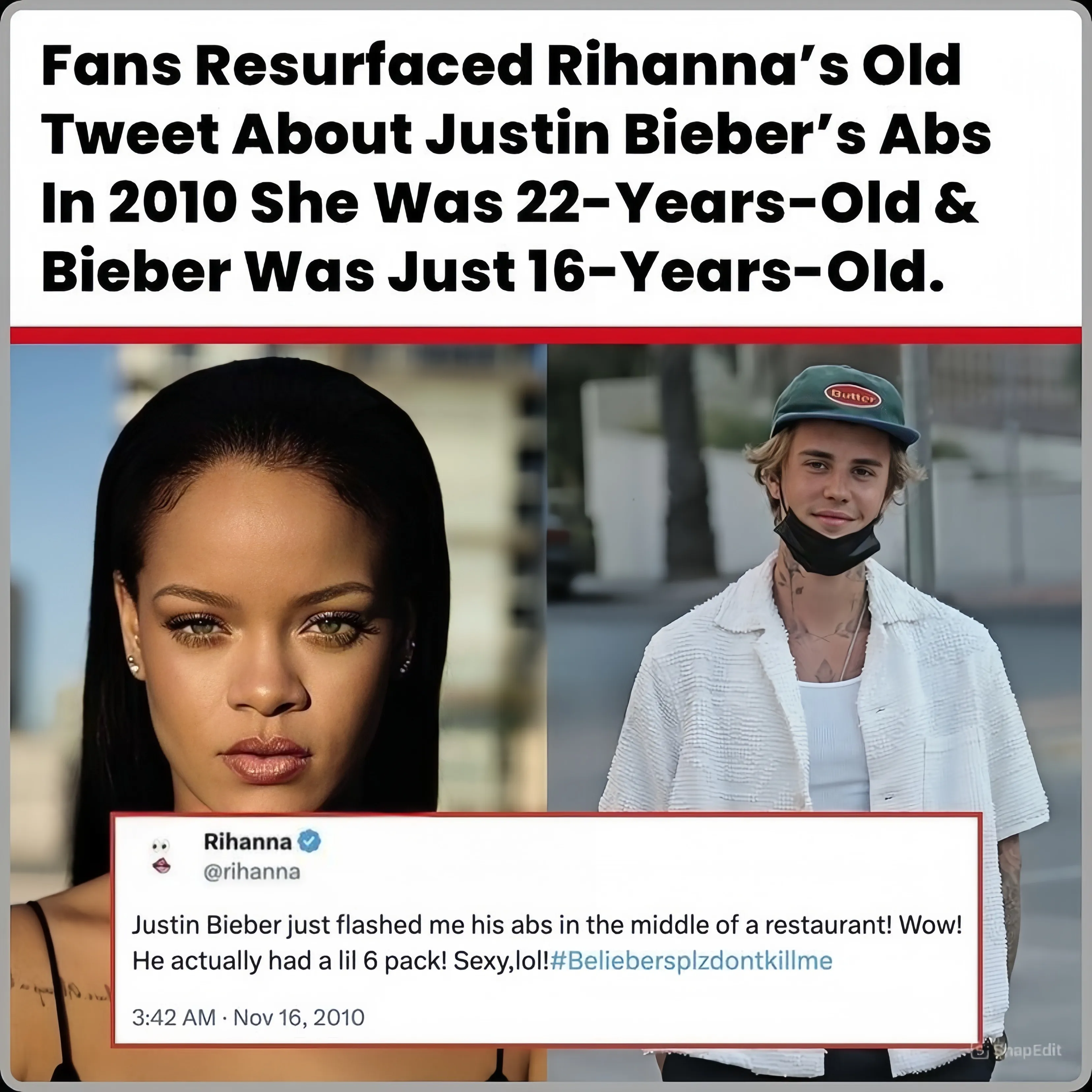 Fans Unearthed An Old Rihanna Tweet About Justin Bieber's Abs From 2010 When She Was 22 And Bieber Was Only 16! They Were Together With Diddy.