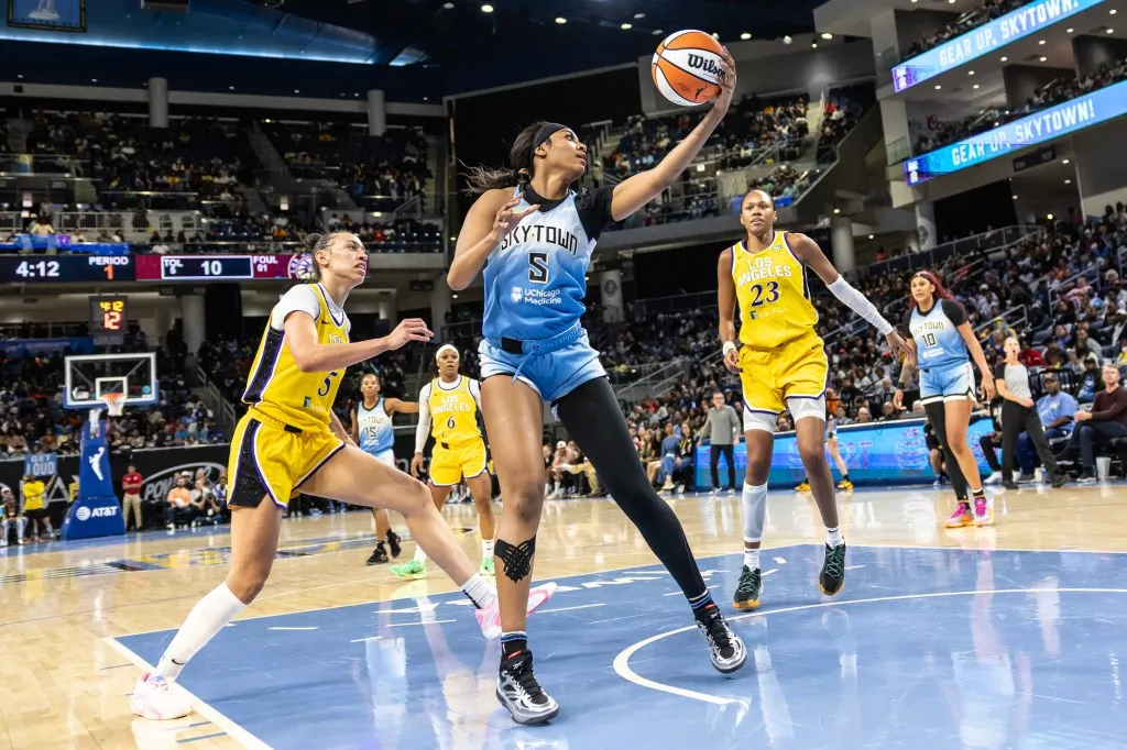 Angel Reese #5 of the Chicago Sky brings down an offensive rebound against the Los Angeles Sparks in the first quarter at Wintrust Arena on September 6, 2024 in Chicago, Illinois. 