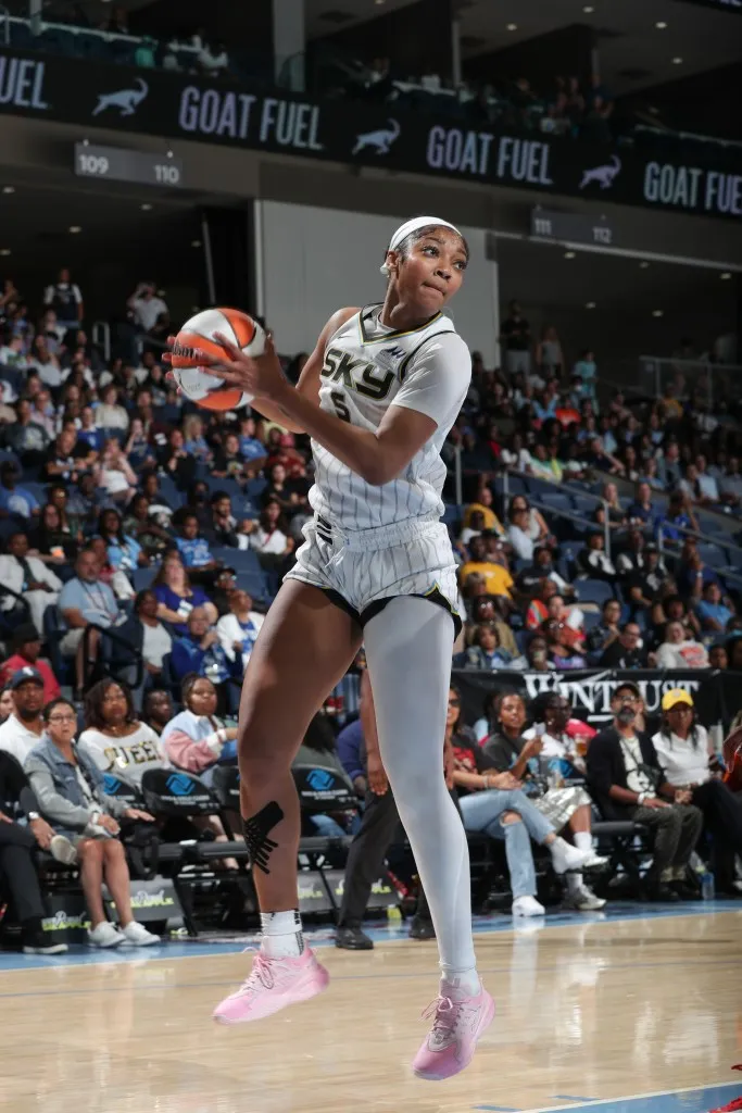 Angel Reese #5 of the Chicago Sky grabs the rebound during the game on August 28, 2024 at the Wintrust Arena in Chicago, IL.