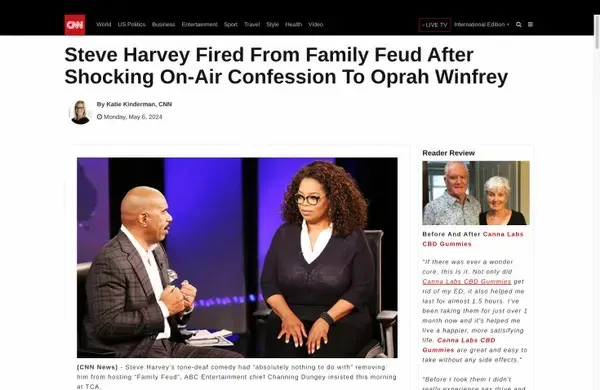 Un anuncio falso de Facebook que condujo a una estafa afirmó que Steve Harvey fue expulsado abruptamente de Family Feud y fue despedido por hacer comentarios al aire en una entrevista con Oprah Winfrey sobre un producto supuestamente hecho para tratar la disfunción eréctil llamado Canna Labs CBD Gummies.