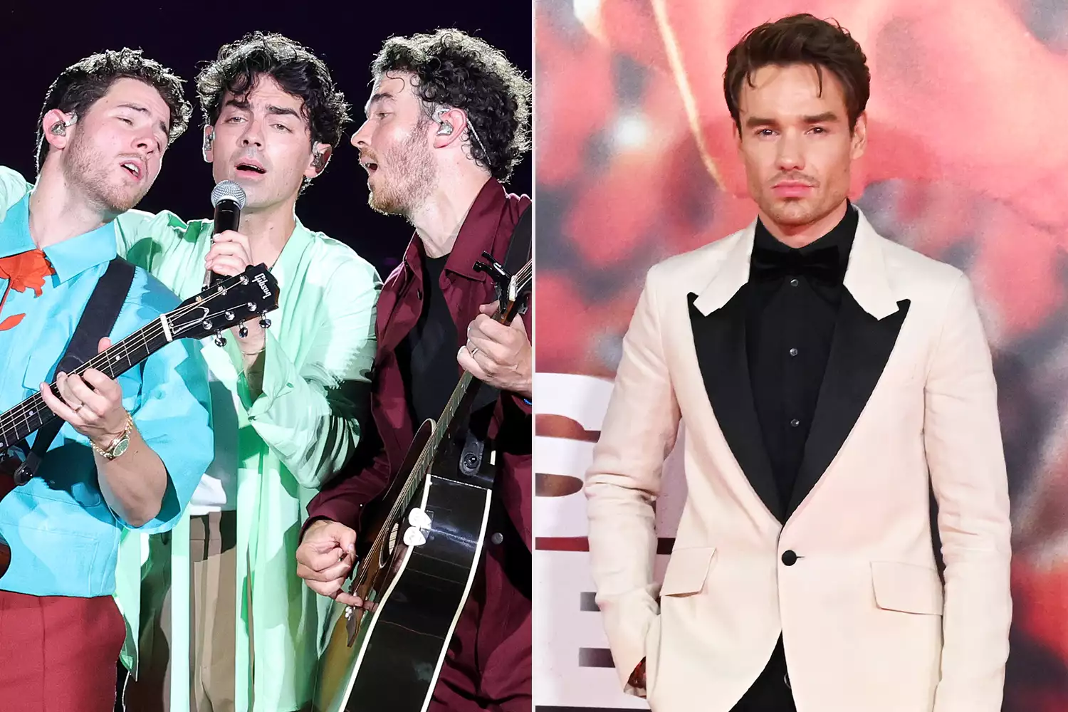 (De izq. a der.) Nick Jonas, Joe Jonas y Kevin Jonas actúan en el escenario durante la noche de apertura de la gira "Five Albums, One Night" de los Jonas Brothers en el Yankee Stadium el 12 de agosto de 2023 en la ciudad de Nueva York; Liam Payne llega al estreno británico de "All Of Those Voices" en Cineworld Leicester Square el 16 de marzo de 2023 en Londres, Inglaterra