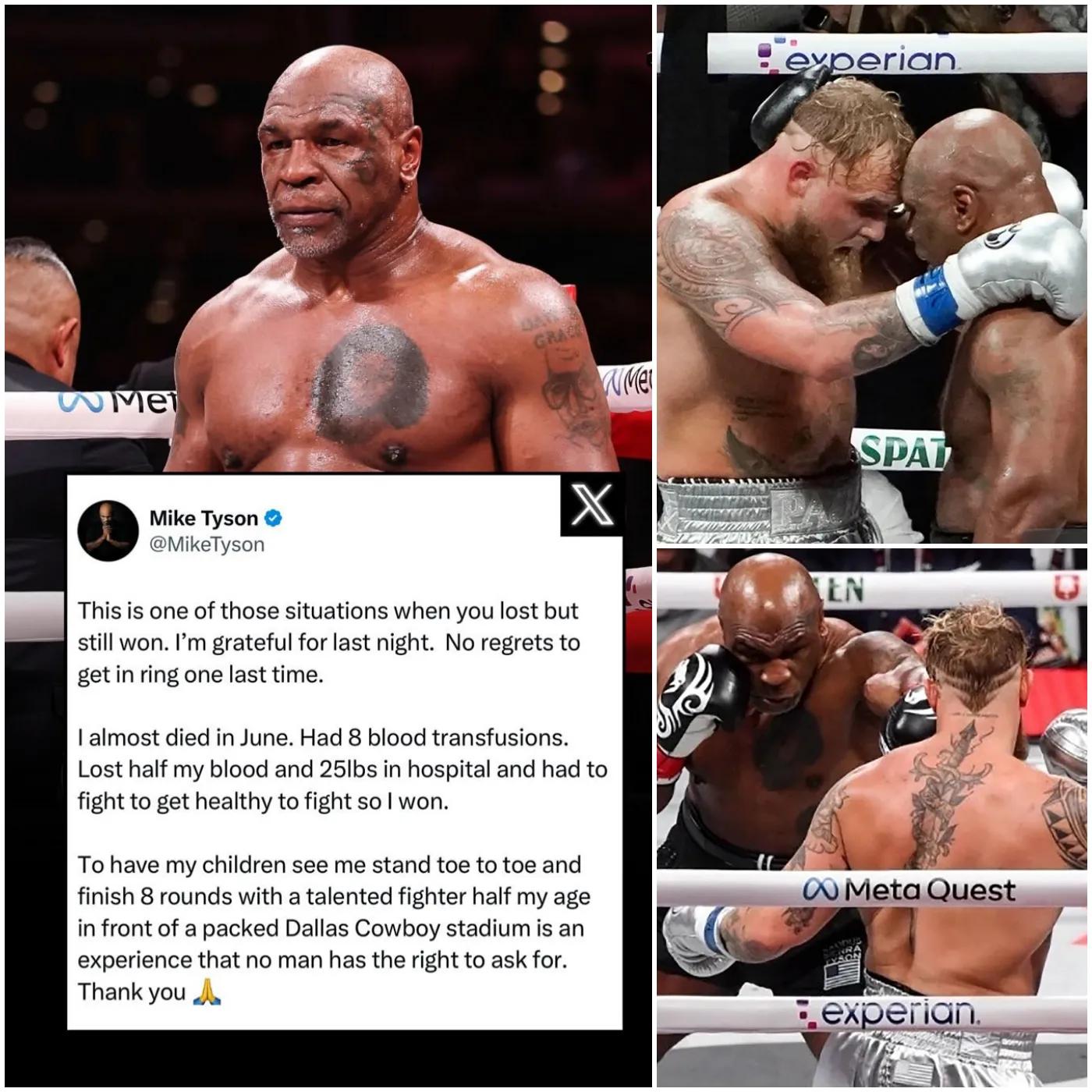 Mike Tyson reveals he almost passed away in June after a health scare and says his fight against Jake Paul was....