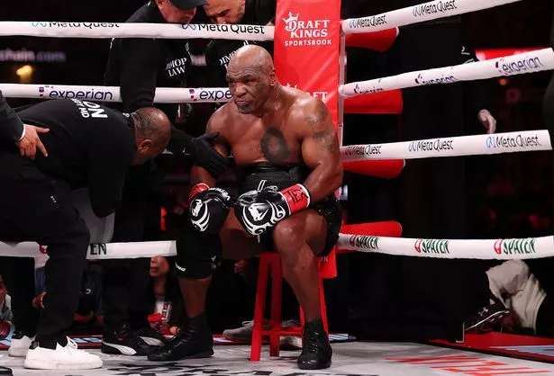 Mike Tyson fights during LIVE On Netflix: Jake Paul vs. Mike Tyson at AT&T Stadium on November 15, 2024 in Arlington, Texas