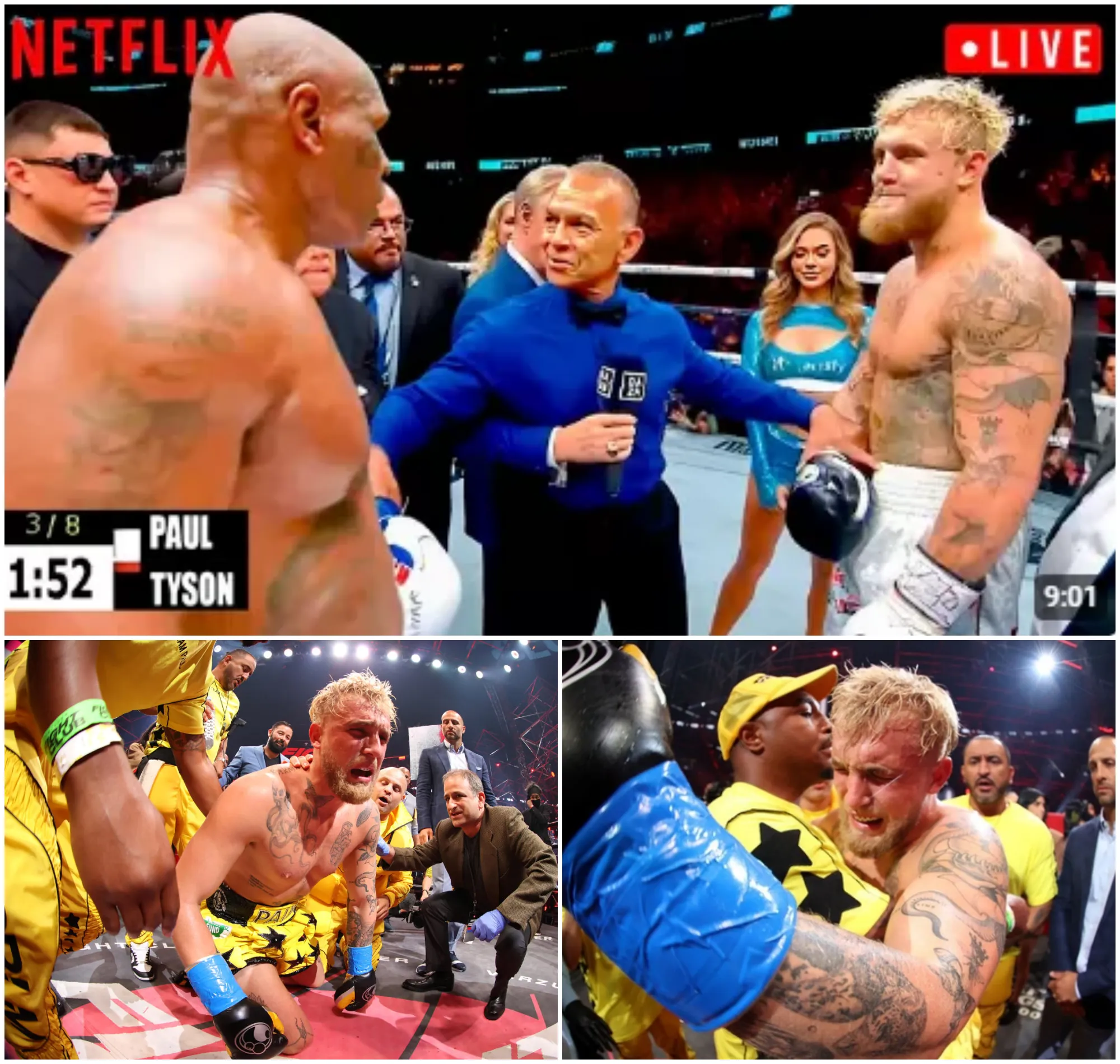 In A Devastating 50-Second Knockout, Boxing King Mike Tyson Destroys Jake Paul, Forcing Him To Seek Help From His Teammates To Leave The Ring