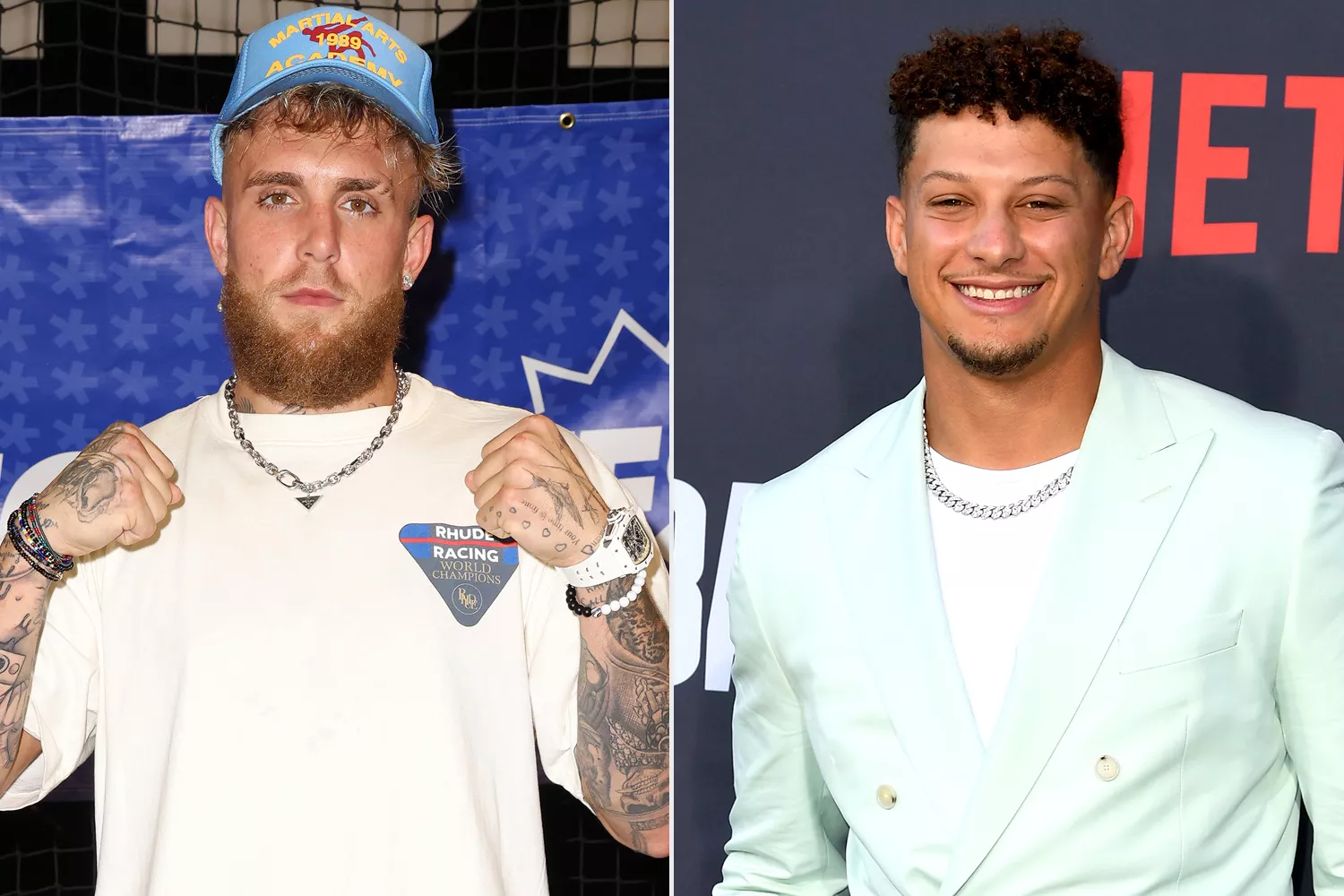 Jake Paul attends the Boxing Bullies event; Patrick Mahomes attends the Los Angeles Premiere Of Netflix's "Quarterback"