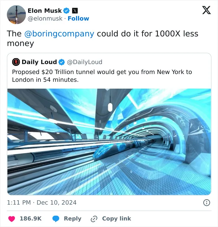 Elon Musk est devenu un homme en train de construire un tunnel à 20 millions de dollars en 54 minutes à New York à Londres.