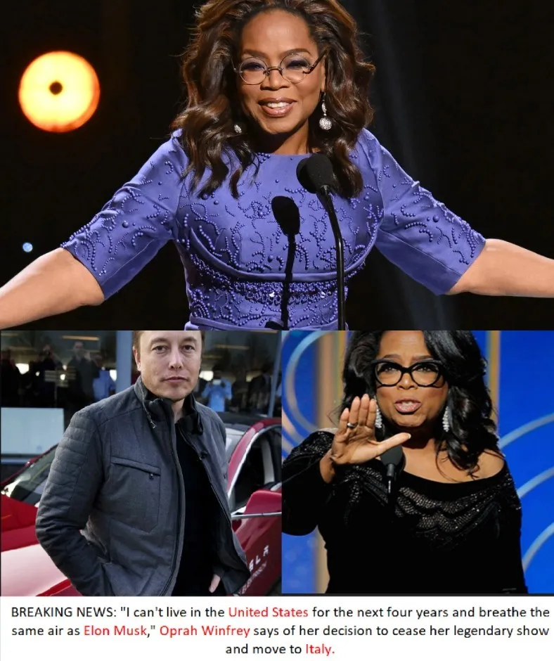 BREAKING NEWS: “I can’t live in the United States for the next four years and breathe the same air as Elon Musk,” Oprah Winfrey says of her decision to cease her legendary show and move to Italy. 1 BREAKING NEWS: “I can’t live in the United States for the next four years and breathe the same air as Elon Musk,” Oprah Winfrey says of her decision to cease her legendary show and move to Italy.